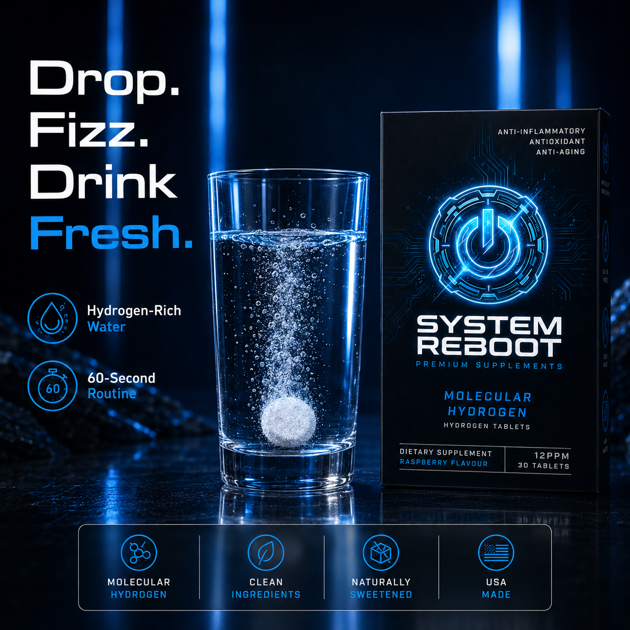 Molecular Hydrogen Tablets by System Reboot - hero box fresh h2 water