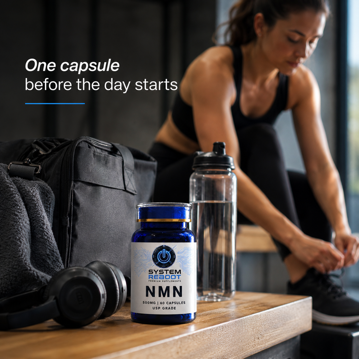 NMN 500mg Capsules by System Reboot - gym bag active routine female late 20s