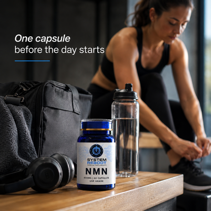 NMN 500mg Capsules by System Reboot - gym bag active routine female late 20s