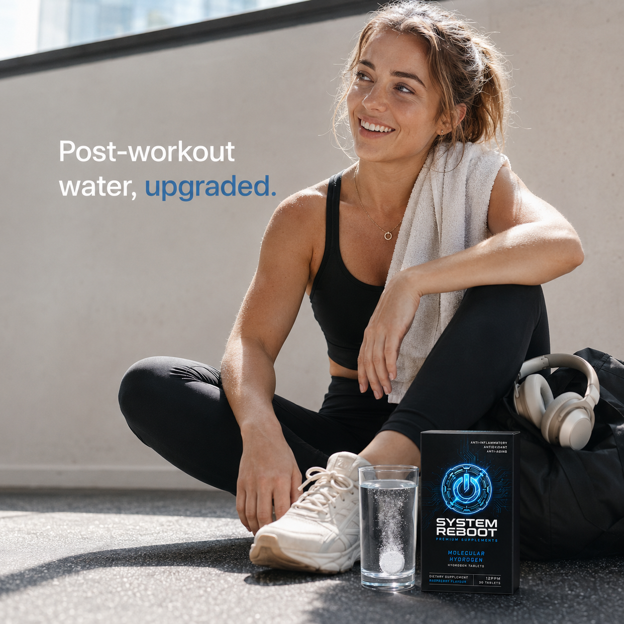 Molecular Hydrogen Tablets by System Reboot - female gym recovery
