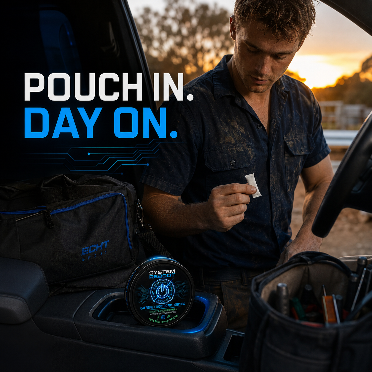 Caffeine + Nootropic Pouches by System Reboot - tradie ute morning