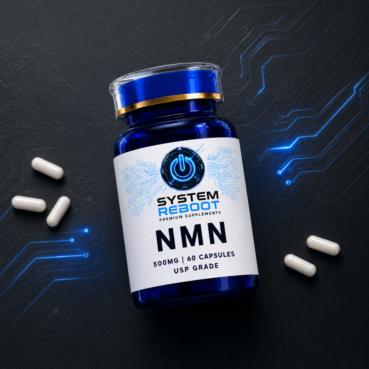 NMN 500mg Capsules by System Reboot - top down flat lay