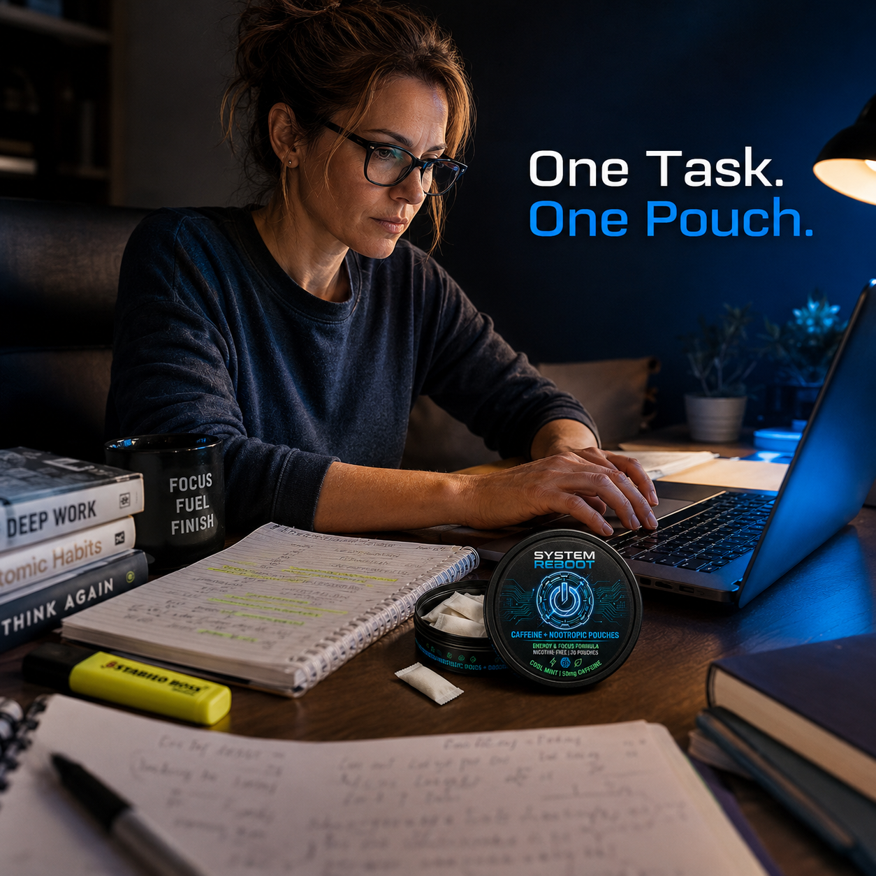 Caffeine + Nootropic Pouches by System Reboot - student deep work desk