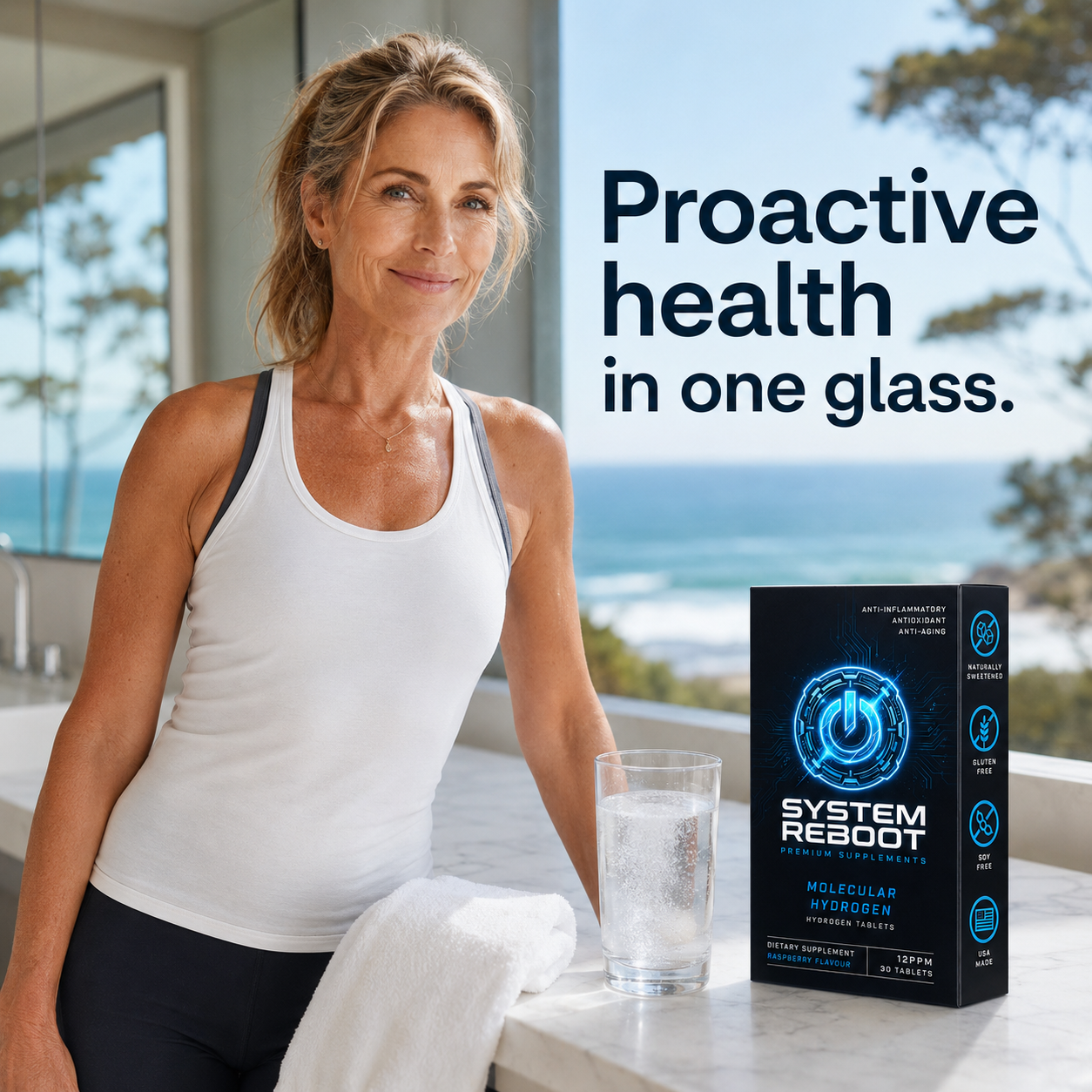 Molecular Hydrogen Tablets by System Reboot - female coastal routine