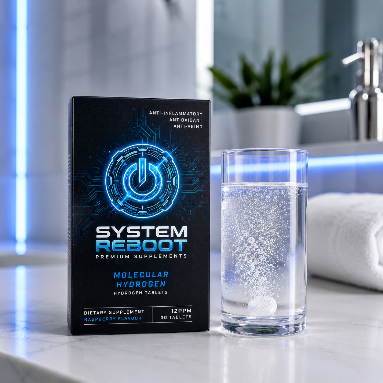 Molecular Hydrogen Tablets by System Reboot - bathroom counter lifestyle