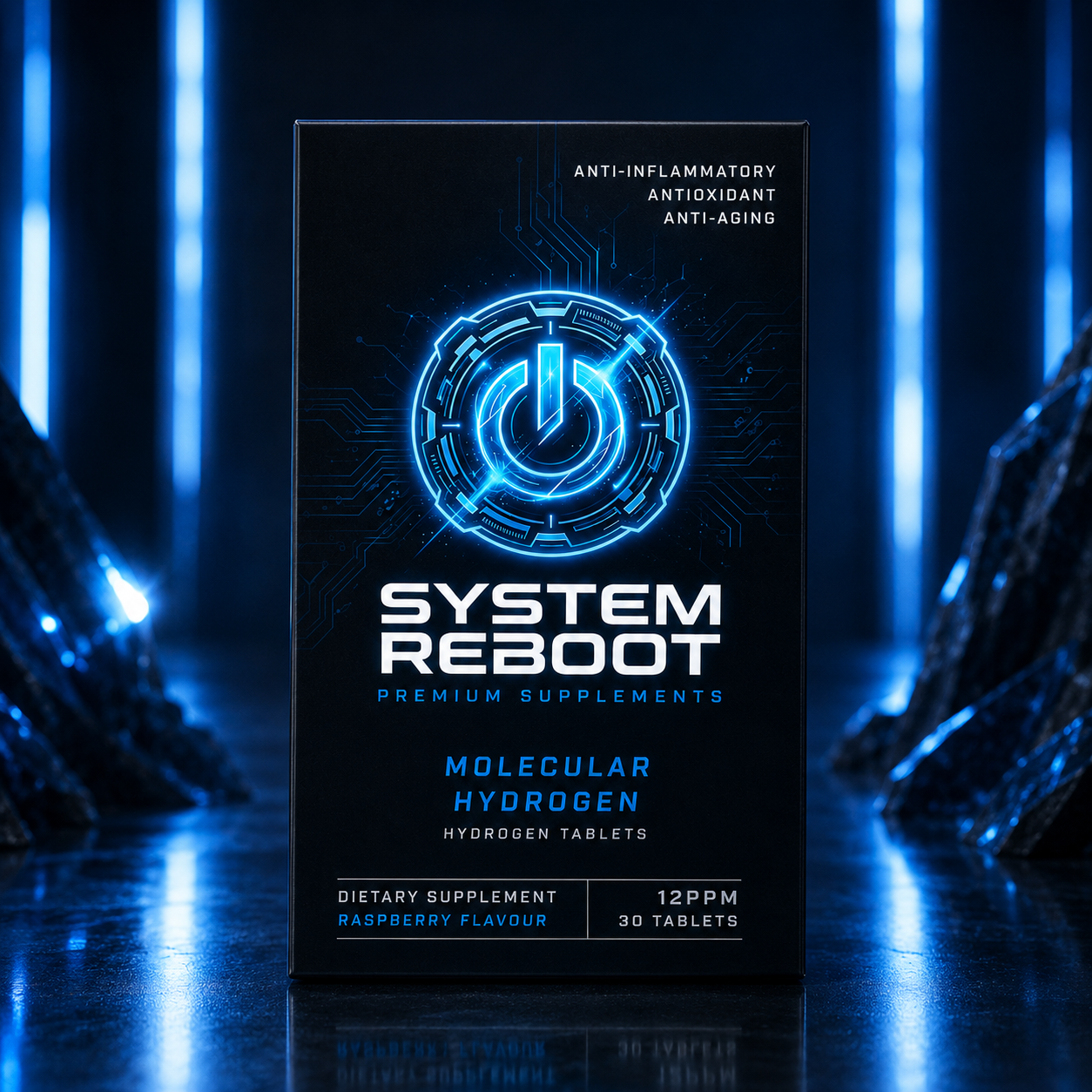 Molecular Hydrogen Tablets by System Reboot - h2 box product blue light